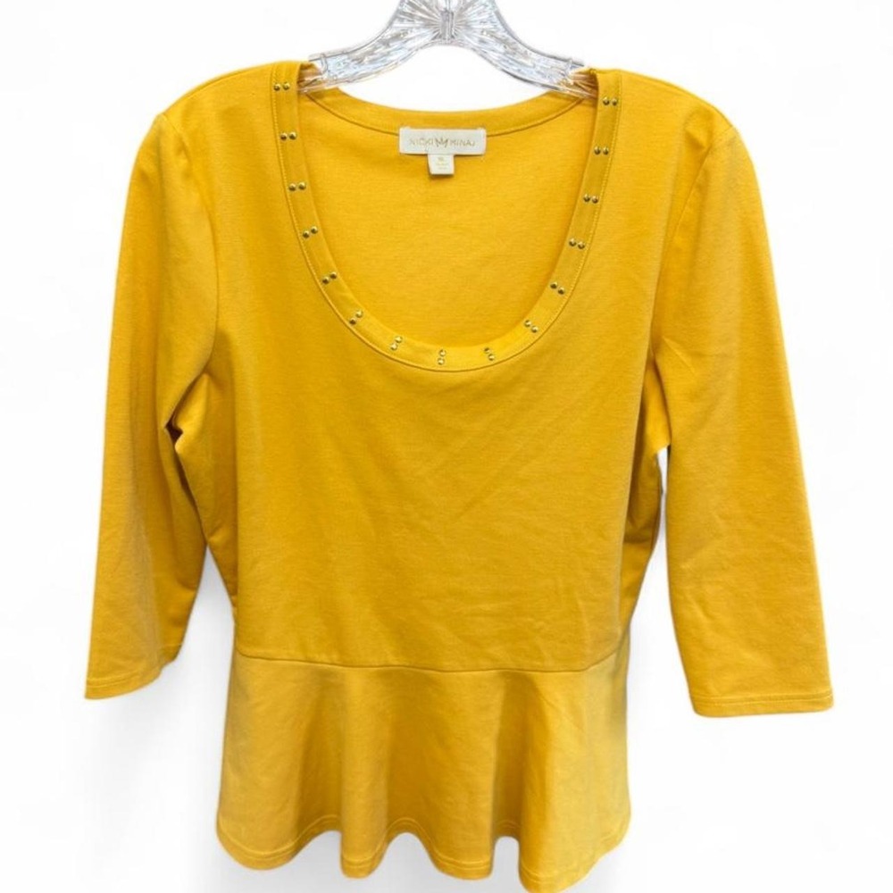 Y2K Nicki Minaj Mustard Yellow Gold Studded Scoop Neck Peplum Top - Size XL